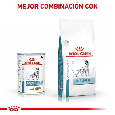 Royal Canin Sensitivity Control Chicken with Rice lata y Royal Canin Skin Support saco, ambos con imagen de perro. Texto: Mejor combinación con.