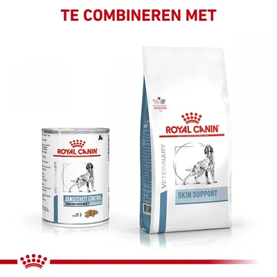 Royal Canin Veterinary Sensitivity Control Chicken with Rice natvoer en Royal Canin Veterinary Skin Support droogvoer voor honden. Tekst boven: Te combineren met.