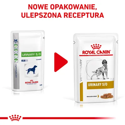 Nowe opakowanie i ulepszona receptura karmy Royal Canin Urinary S/O dla psów. Po lewej stare, po prawej nowe opakowanie z widoczną nazwą produktu.