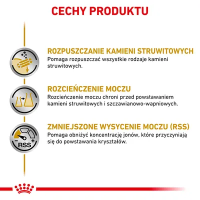 Cechy produktu: rozpuszczanie kamieni struwitowych, rozcieńczenie moczu, zmniejszone wysycenie moczu (RSS). Opisy dotyczą ochrony przed kamieniami i obniżenia koncentracji jonów.