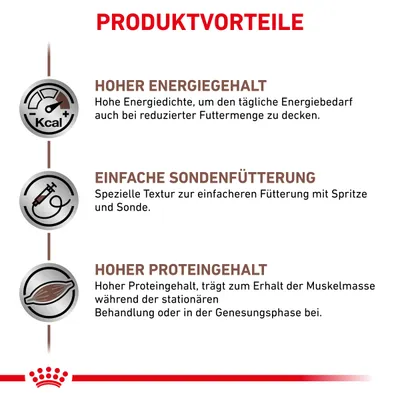 Produktvorteile: Hoher Energiegehalt für täglichen Bedarf bei reduzierter Futtermenge. Einfache Sondenfütterung mit spezieller Textur. Hoher Proteingehalt für Muskelerhalt in Genesungsphase.