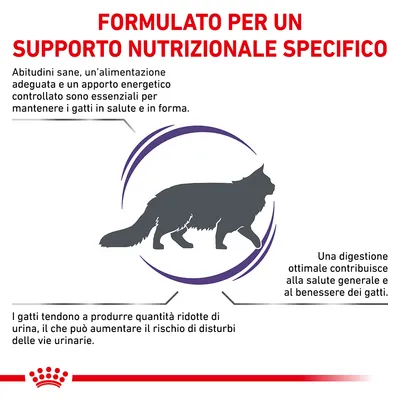 FORMULATO PER UN SUPPORTO NUTRIZIONALE SPECIFICO. Abitudini sane, alimentazione adeguata e apporto energetico controllato sono essenziali per la salute dei gatti. Testo in italiano.