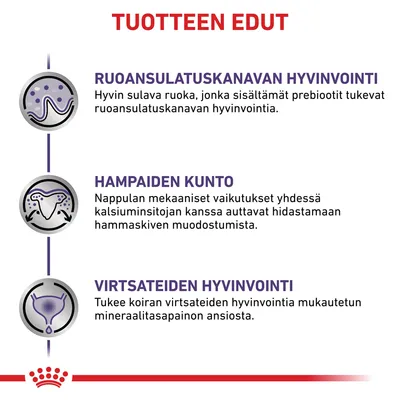 TUOTTEEN EDUT: ruoansulatuskanavan hyvinvointi, hampaiden kunto ja virtsateiden hyvinvointi. Tekstit kuvaavat prebioottien, nappulan ja mineraalitasapainon hyötyjä.