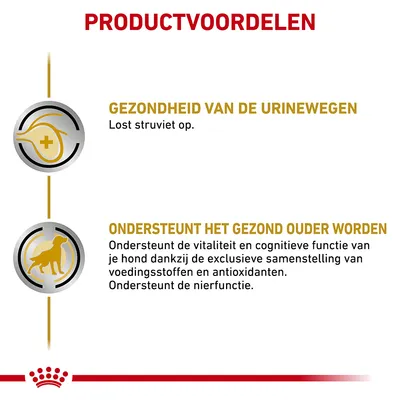 PRODUCTVOORDELEN: Gezondheid van de urinewegen – lost struviet op. Ondersteunt het gezond ouder worden – ondersteunt vitaliteit, cognitieve functie en nierfunctie bij honden.