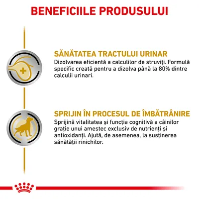 Beneficiile produsului: sănătatea tractului urinar – dizolvarea calculilor de struviți; sprijin în procesul de îmbătrânire – susține vitalitatea, funcția cognitivă și sănătatea rinichilor.