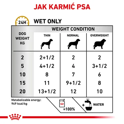 Tabela żywienia psa: ilość mokrej karmy na dobę wg masy ciała (2–20 kg) i kondycji (chudy, normalny, nadwaga). Energia metaboliczna: 949 kcal/kg. Dodaj wodę.