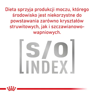 Dieta sprzyja produkcji moczu, którego środowisko jest niekorzystne do powstawania kryształów struwitowych i szczawianowo-wapniowych. s/o INDEX.