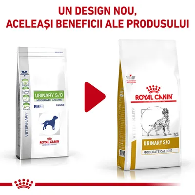 Imagine cu două ambalaje Royal Canin Urinary S/O Moderate Calorie pentru câini, vechi și nou, cu textul: Un design nou, aceleași beneficii ale produsului.