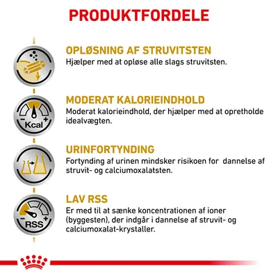 PRODUKTFORDELE: Opløsning af struvitsten, moderat kalorieindhold, urinfortynding, lav RSS. Tekst forklarer hver fordel for produktet.