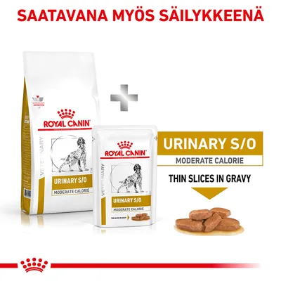 Royal Canin Urinary S/O Moderate Calorie -kuivaruoka ja annospussi koirille, teksti: saatavana myös säilykkeenä, thin slices in gravy, kuva ruoan viipaleista kastikkeessa.