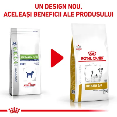 Pungi Royal Canin Urinary S/O Small Dog, vechi și nou design. Text sus: Un design nou, aceleași beneficii ale produsului.