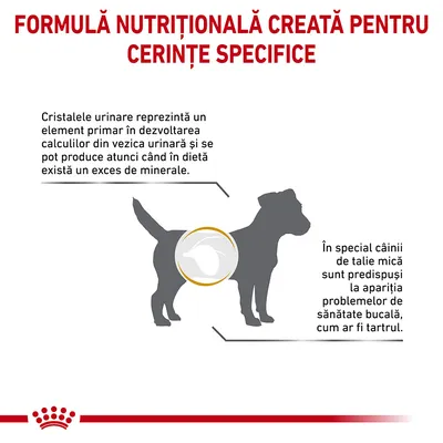 Formulă nutrițională creată pentru cerințe specifice. Cristalele urinare pot apărea din exces de minerale. Câinii de talie mică predispuși la probleme de sănătate bucală, cum ar fi tartrul.