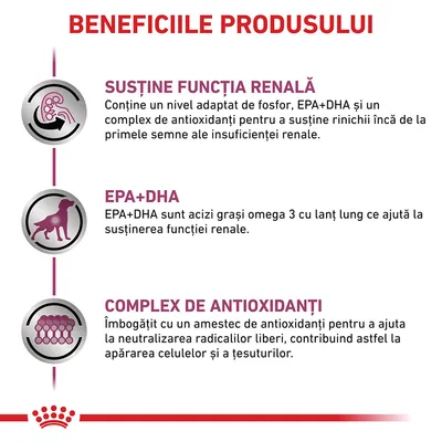 Beneficiile produsului: susține funcția renală cu fosfor adaptat, EPA+DHA și antioxidanți; EPA+DHA ajută funcția renală; complex de antioxidanți pentru protecția celulelor și țesuturilor.