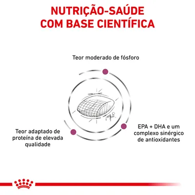 Nutrição-saúde com base científica. Teor moderado de fósforo, teor adaptado de proteína de elevada qualidade, EPA + DHA e complexo sinérgico de antioxidantes.