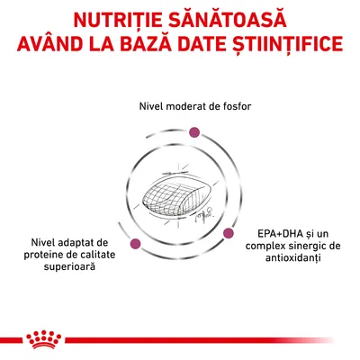 Nutriție sănătoasă având la bază date științifice. Nivel moderat de fosfor, nivel adaptat de proteine de calitate superioară, EPA+DHA și complex sinergic de antioxidanți.