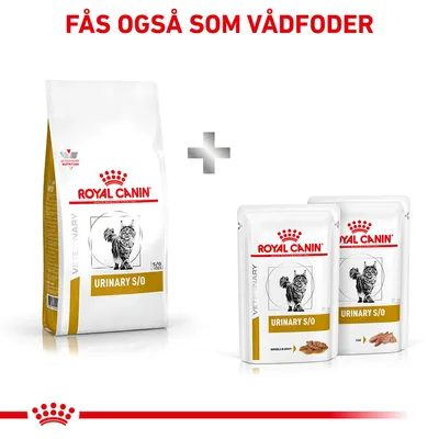 Royal Canin Urinary S/O tørfoder og vådfoder til kat, tekst: Fås også som vådfoder. Pakker viser mærke, produktnavn og illustration af kat.