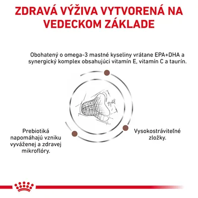 ZDRAVÁ VÝŽIVA VYTVORENÁ NA VEDECKOM ZÁKLADE. Obohatený o omega-3 mastné kyseliny EPA+DHA, vitamín E, C, taurín. Prebiotiká pre mikroflóru. Vysokostráviteľné zložky.