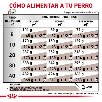 Tabla de alimentación para perros según peso (5–40 kg) y condición corporal: delgado, normal, sobrepeso. Incluye cantidades en gramos y mezcla con paté gastrointestinal. Consulta veterinaria recomendada.