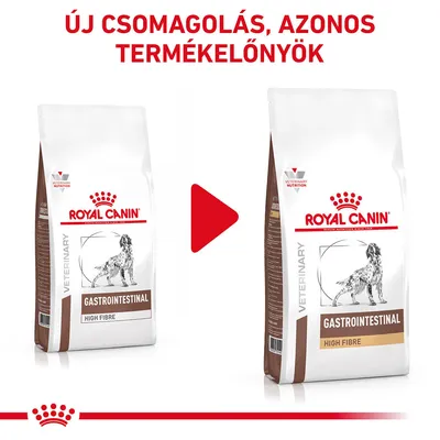 Royal Canin Gastrointestinal High Fibre kutyatáp régi és új csomagolása egymás mellett. Felül: Új csomagolás, azonos termékelőnyök.