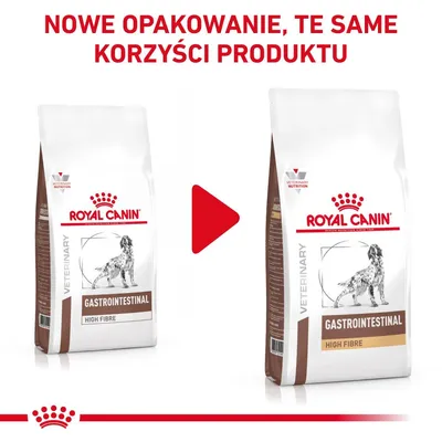 Nowe opakowanie karmy Royal Canin Gastrointestinal High Fibre; dwa worki obok siebie, widoczny napis: Nowe opakowanie, te same korzyści produktu.