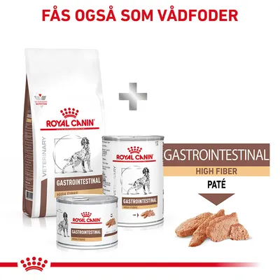 Royal Canin Gastrointestinal High Fibre tør- og vådfoder til hund, synlige dåser og pose med teksten 'Gastrointestinal High Fiber Paté'. Fås også som vådfoder.