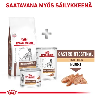 Royal Canin Gastrointestinal High Fiber -koiranruoka, saatavana kuivaruokana ja säilykkeenä. Pakkauksissa teksti: GASTROINTESTINAL HIGH FIBER MUREKE. Kuvassa myös murekemainen ruoka.
