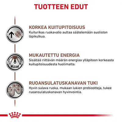 TUOTTEEN EDUT: KORKEA KUITUPITOISUUS, MUKAUTETTU ENERGIA, RUOANSULATUSKANAVAN TUKI. Sisältää kuvaukset kuidun, energian ja ruoansulatuskanavan tuen eduista.