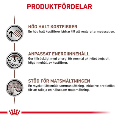 PRODUKTFÖRDELAR: Hög halt kostfibrer, anpassat energiinnehåll och stöd för matsmältningen. Beskrivningar om tarmreglering, energi vid hög fiberhalt och lättsmält sammansättning.