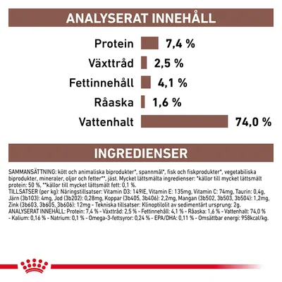 Analyserat innehåll: protein 7,4 %, växttråd 2,5 %, fettinnehåll 4,1 %, råaska 1,6 %, vattenhalt 74,0 %. Ingredienser och tillsatser listas i detalj under rubriken INGREDIENSER.