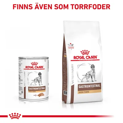 Royal Canin Gastrointestinal High Fibre våtfoderburk och torrfoderpåse för hund. Text ovan: Finns även som torrfoder.