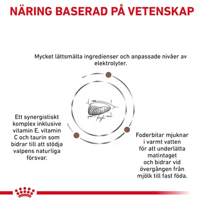 NÄRING BASERAD PÅ VETENSKAP. Mycket lättsmälta ingredienser, anpassade nivåer av elektrolyter, vitamin E och C samt taurin. Foderbitar mjuknar i varmt vatten för att underlätta matintag.