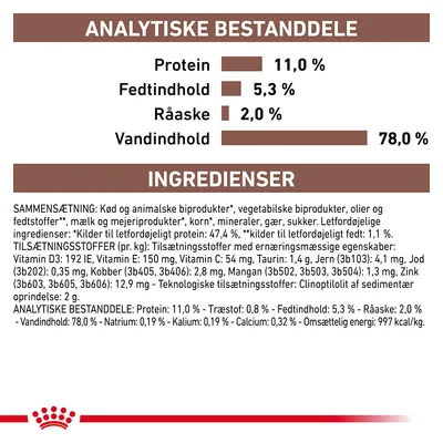 Analytiske bestanddele: Protein 11,0 %, Fedtindhold 5,3 %, Råaske 2,0 %, Vandindhold 78,0 %. Ingrediensliste og tilsætningsstoffer synlige under overskriften 'INGREDIENSER'.