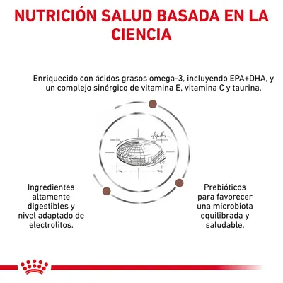 NUTRICIÓN SALUD BASADA EN LA CIENCIA. Enriquecido con ácidos grasos omega-3, EPA+DHA, vitamina E, C y taurina. Ingredientes altamente digestibles, pre­bióticos para microbiota equilibrada.
