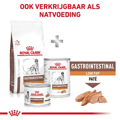 Royal Canin Gastrointestinal Low Fat hondenvoer, droog- en natvoeding. Tekst: ook verkrijgbaar als natvoeding, GASTROINTESTINAL LOW FAT PATÉ. Blikjes, zak en paté zichtbaar.