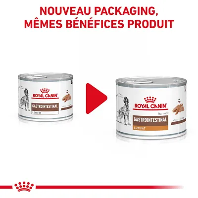 Nouveau packaging, mêmes bénéfices produit. Deux boîtes Royal Canin Gastrointestinal Low Fat pour chien, ancienne et nouvelle version d’emballage visibles.