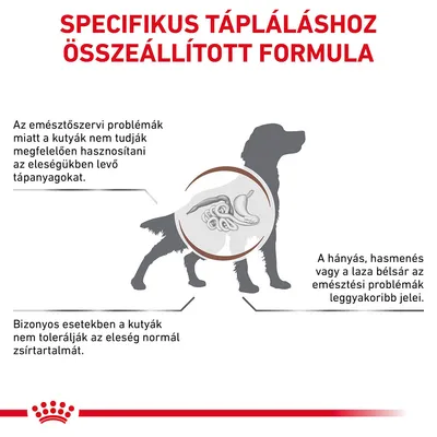Specifikus tápláláshoz összeállított formula. Emésztési problémák, hányás, hasmenés, laza bélsár, tápanyagok és zsírtartalom tolerancia kutyáknál. Szöveg magyarul.