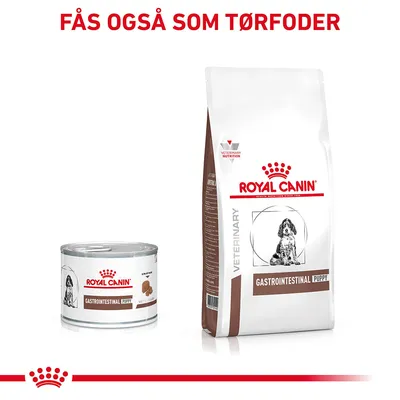 Royal Canin Gastrointestinal Puppy vådfoder og tørfoder. Tekst: Fås også som tørfoder. Begge produkter viser hundebillede og mærket VETERINARY NUTRITION.
