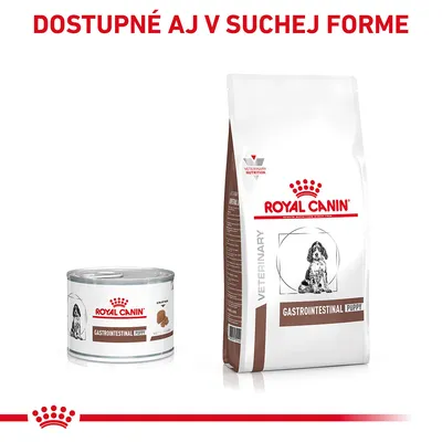 Royal Canin Gastrointestinal Puppy – konzerva a balenie suchého krmiva pre šteňatá. Text: Dostupné aj v suchej forme.