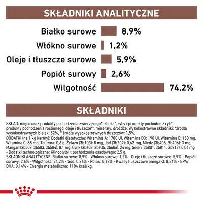 Analiza składu: białko surowe 8,9 %, włókno surowe 1,2 %, oleje i tłuszcze surowe 5,9 %, popiół surowy 2,6 %, wilgotność 74,2 %. Widoczny szczegółowy skład produktu.