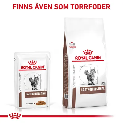 Royal Canin Veterinary Gastrointestinal kattmat, våtfoder och torrfoder visas. Text: FINNS ÄVEN SOM TORRFODER.