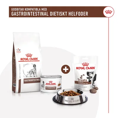 Royal Canin Gastrointestinal torrfoderpåse, våtfoderdosa och godispåse samt matskål med foder. Text: Godbitar kompatibla med gastrointestinal dietiskt helfoder.
