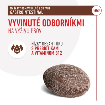 Vyvinuté odborníkmi na výživu psov. Maškrty kompatibilné s diétami gastrointestinal. Nízky obsah tuku, s prebiotikami a vitamínom B12. Symbol nízky tuk. Zobrazená maškrta.