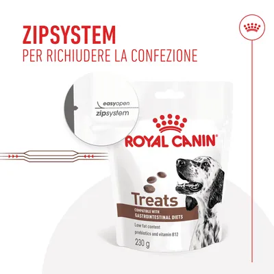 Royal Canin Treats 230 g, compatibile con gastrointestinal diets, sistema easyopen zipsystem per richiudere la confezione. Testo: ZIPSYSTEM PER RICHIUDERE LA CONFEZIONE.