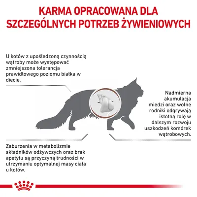 Karma opracowana dla szczególnych potrzeb żywieniowych kotów z problemami wątroby. Opisano trudności z białkiem, metabolizmem i wpływem miedzi oraz wolnych rodników na komórki wątrobowe.