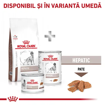 Royal Canin Veterinary Hepatic hrană uscată și umedă pentru câini, conserve cu etichetă HEPATIC, imagine pate. Text vizibil: DISPONIBIL ȘI ÎN VARIANTĂ UMEDĂ, HEPATIC, PATE.