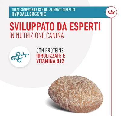 Sviluppato da esperti in nutrizione canina. Treat compatibile con gli alimenti dietetici, hypoallergenic. Con proteine idrolizzate e vitamina B12.