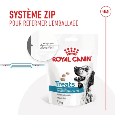 Système zip pour refermer l’emballage. Royal Canin Treats, compatible with hypoallergenic diets, hydrolysed protein, vitamin B12, 230 g. easyopen zipsystem visible sur le sachet.