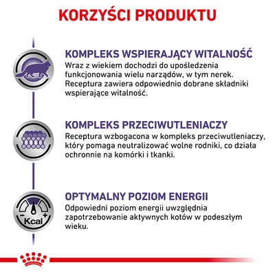 Korzyści produktu: kompleks wspierający witalność, kompleks przeciwutleniaczy, optymalny poziom energii – szczegółowe opisy dotyczą wsparcia narządów, ochrony komórek i energii dla starszych kotów.