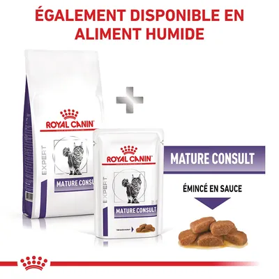 ROYAL CANIN EXPERT Mature Consult croquettes et sachet humide pour chat, mention : également disponible en aliment humide, émincé en sauce visible sur l’emballage.