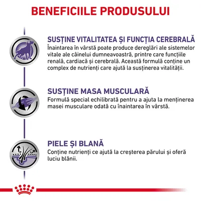 Beneficiile produsului: susține vitalitatea și funcția cerebrală, masa musculară și sănătatea pielii și blănii la câini. Text în limba română.